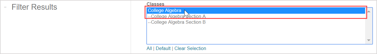 In the Filter Results list, one of the classes in the list is highlighted with the cursor.